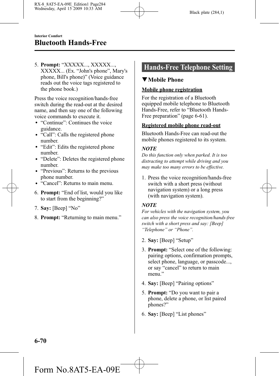 Hands-free telephone setting, Hands-free telephone setting -70, Form no.8at5-ea-09e | Bluetooth hands-free | Mazda 2010 RX-8 User Manual | Page 284 / 438