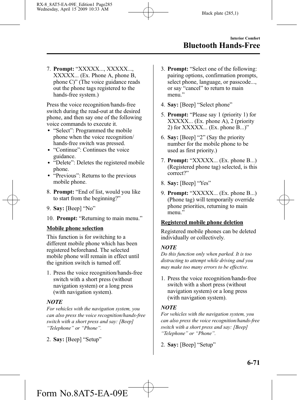 Form no.8at5-ea-09e, Bluetooth hands-free | Mazda 2010 RX-8 User Manual | Page 285 / 438