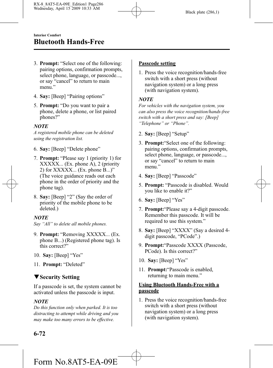 Form no.8at5-ea-09e, Bluetooth hands-free | Mazda 2010 RX-8 User Manual | Page 286 / 438
