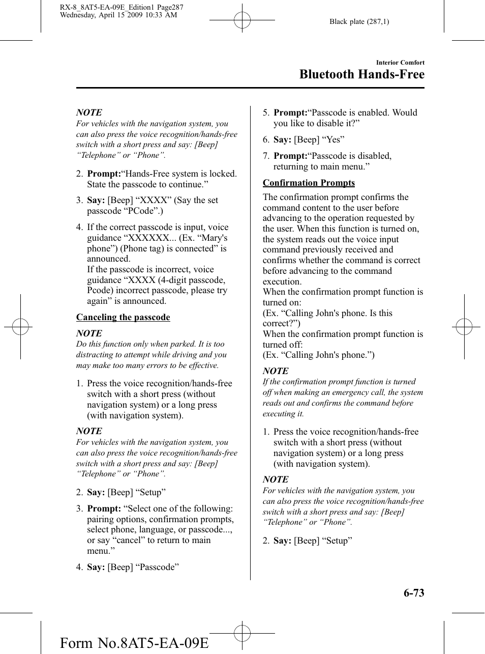 Form no.8at5-ea-09e, Bluetooth hands-free | Mazda 2010 RX-8 User Manual | Page 287 / 438