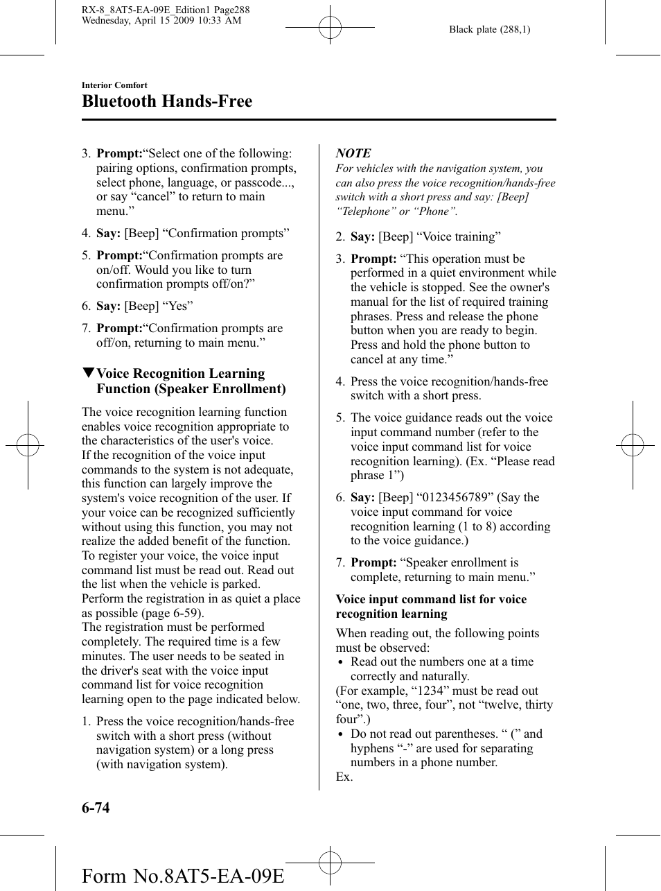 Form no.8at5-ea-09e, Bluetooth hands-free | Mazda 2010 RX-8 User Manual | Page 288 / 438