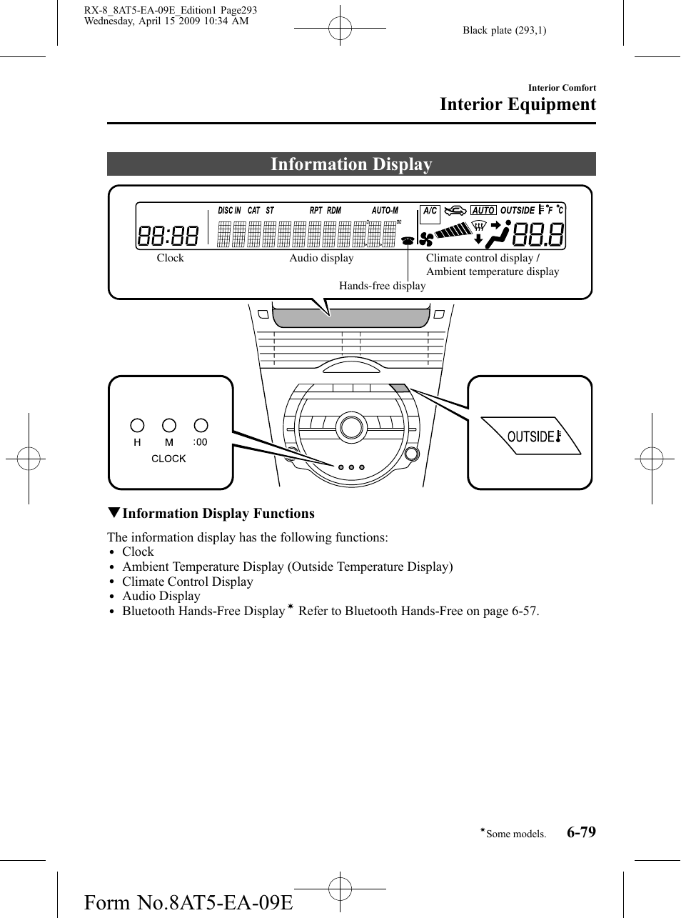 Information display, Information display -79, Form no.8at5-ea-09e | Interior equipment, Qinformation display functions | Mazda 2010 RX-8 User Manual | Page 293 / 438
