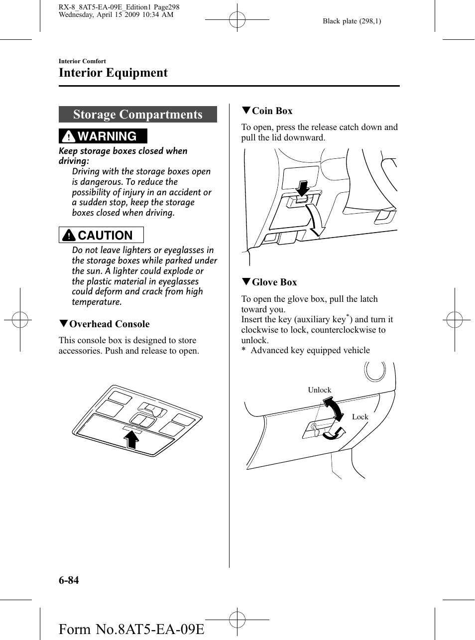 Storage compartments, Storage compartments -84, Form no.8at5-ea-09e | Interior equipment, Warning, Caution | Mazda 2010 RX-8 User Manual | Page 298 / 438