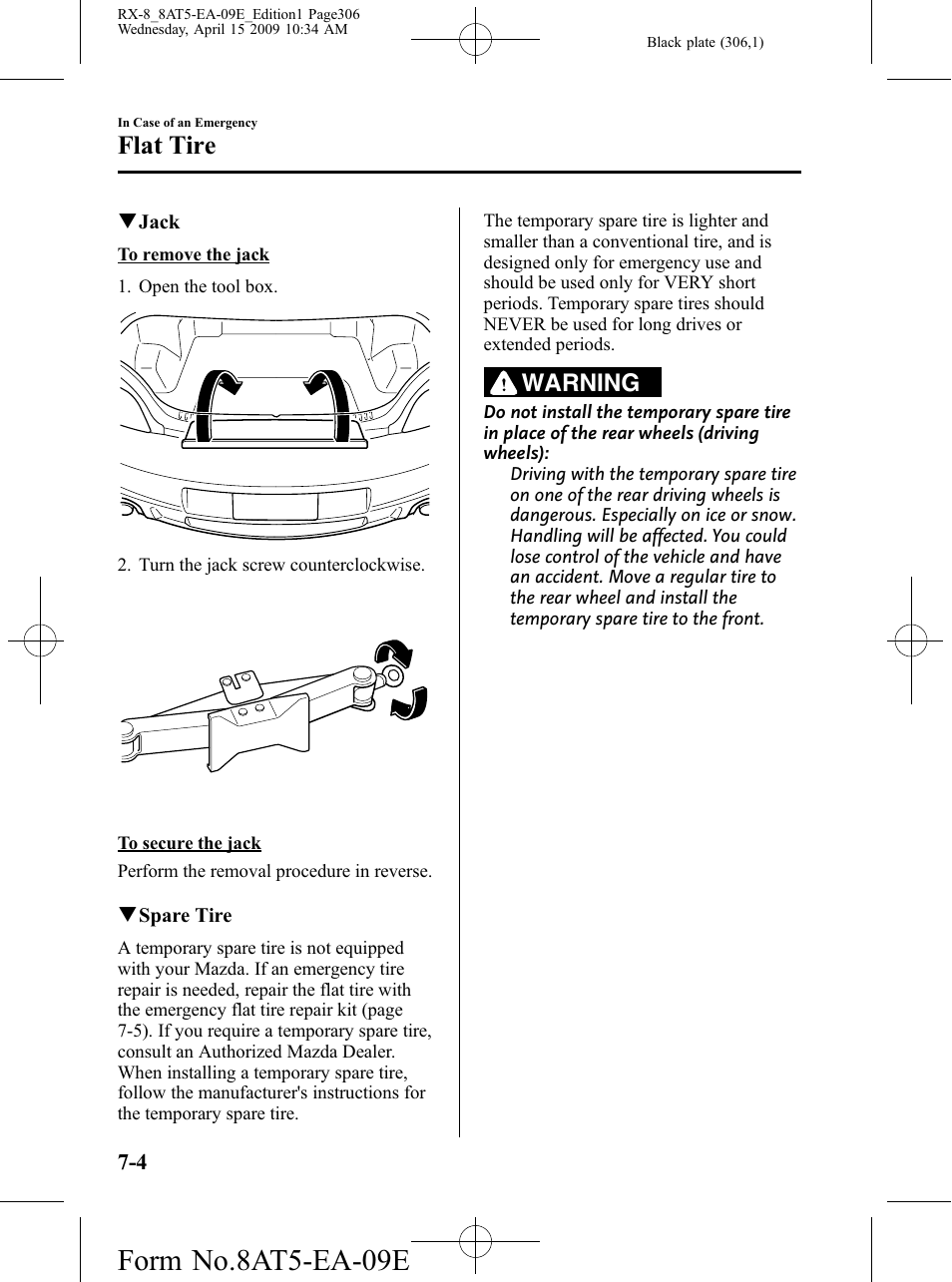 Form no.8at5-ea-09e, Flat tire, Warning | Mazda 2010 RX-8 User Manual | Page 306 / 438