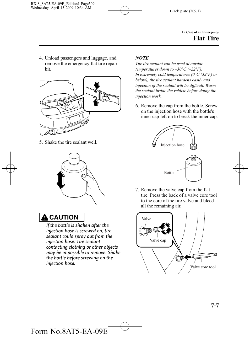 Form no.8at5-ea-09e, Flat tire, Caution | Mazda 2010 RX-8 User Manual | Page 309 / 438
