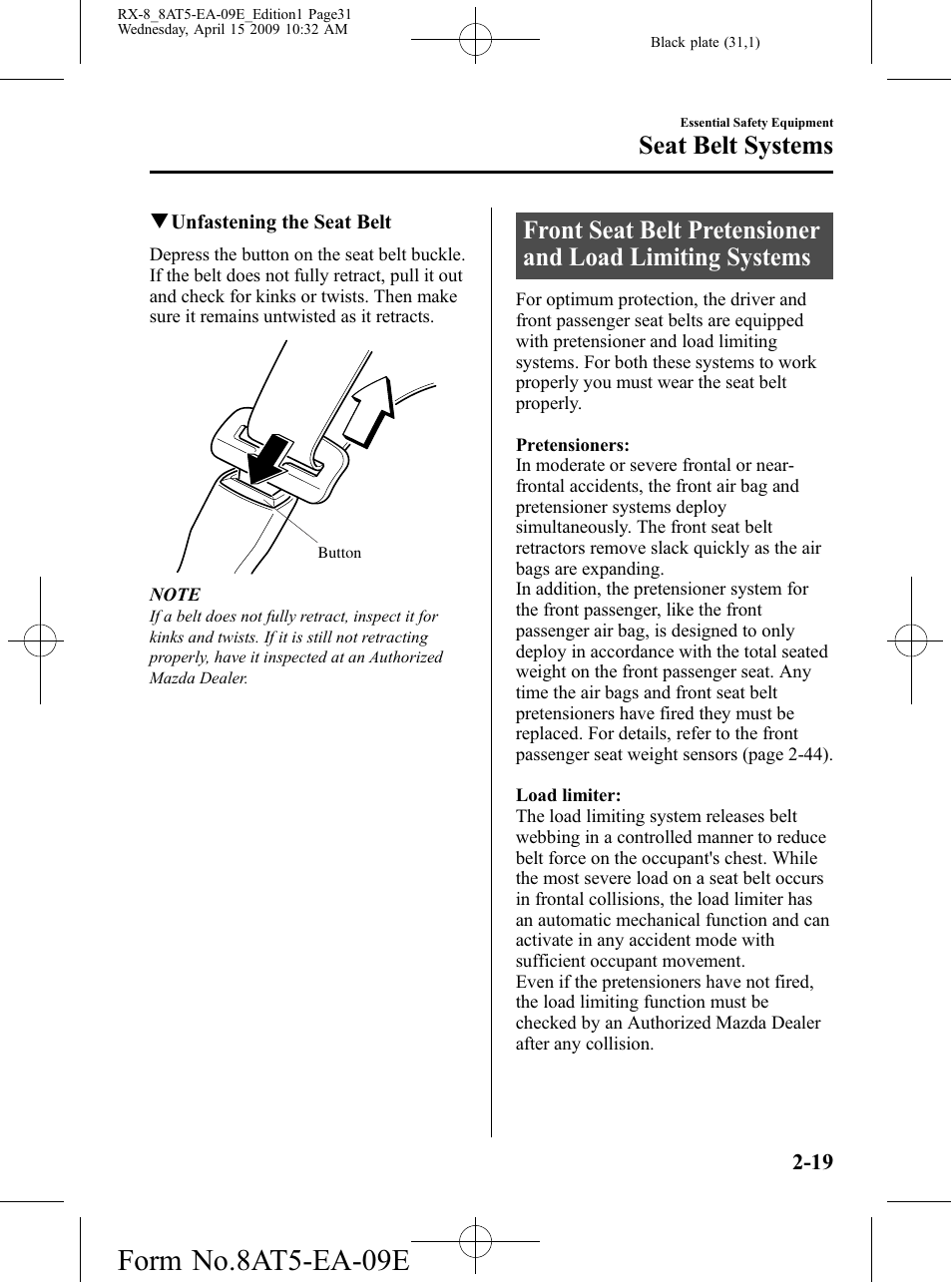 Form no.8at5-ea-09e, Seat belt systems | Mazda 2010 RX-8 User Manual | Page 31 / 438