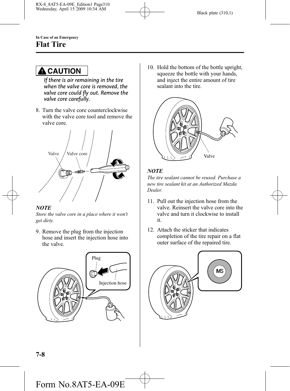 Form no.8at5-ea-09e, Flat tire, Caution | Mazda 2010 RX-8 User Manual | Page 310 / 438