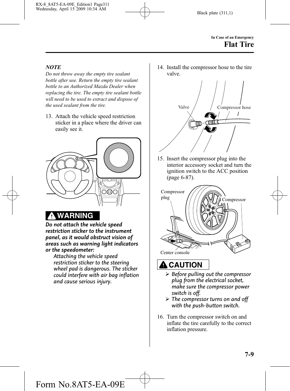 Form no.8at5-ea-09e, Flat tire, Warning | Caution | Mazda 2010 RX-8 User Manual | Page 311 / 438