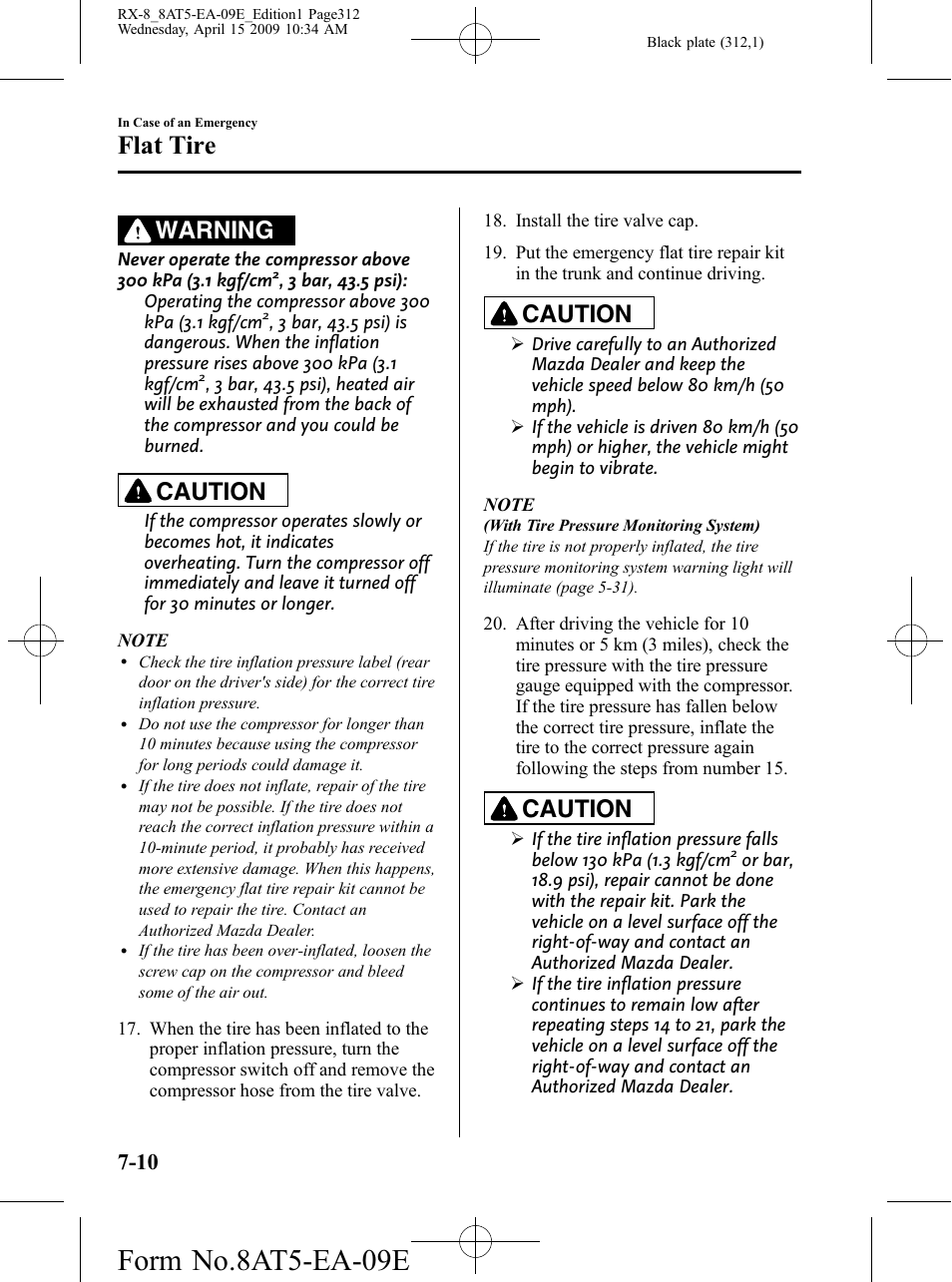 Form no.8at5-ea-09e, Flat tire, Warning | Caution | Mazda 2010 RX-8 User Manual | Page 312 / 438