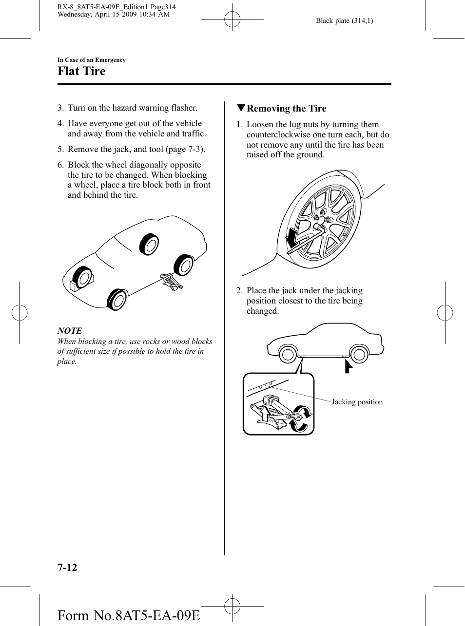 Form no.8at5-ea-09e, Flat tire | Mazda 2010 RX-8 User Manual | Page 314 / 438