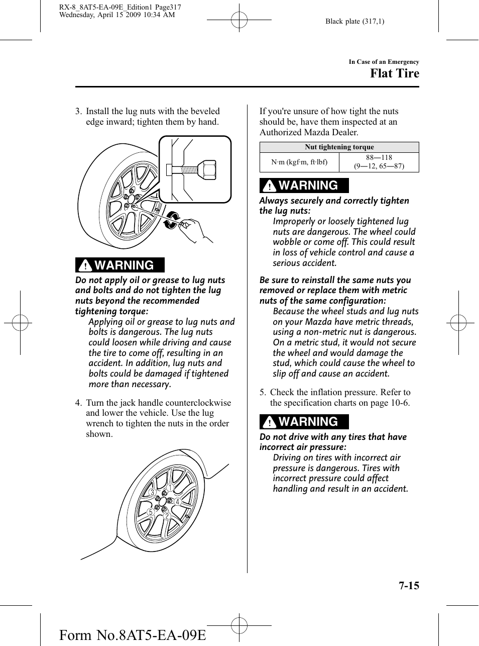Form no.8at5-ea-09e, Flat tire, Warning | Mazda 2010 RX-8 User Manual | Page 317 / 438