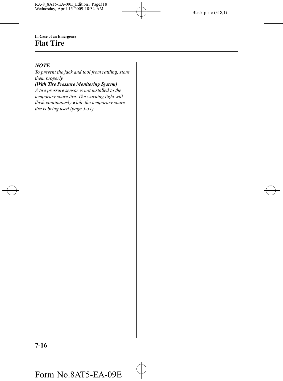 Form no.8at5-ea-09e, Flat tire | Mazda 2010 RX-8 User Manual | Page 318 / 438