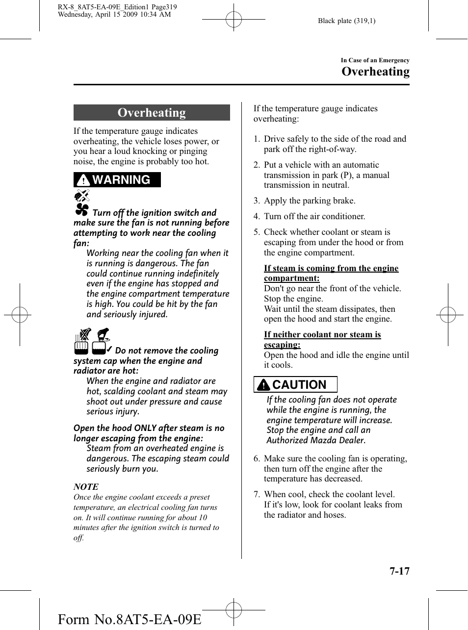Overheating, Overheating -17, Form no.8at5-ea-09e | Warning, Caution | Mazda 2010 RX-8 User Manual | Page 319 / 438