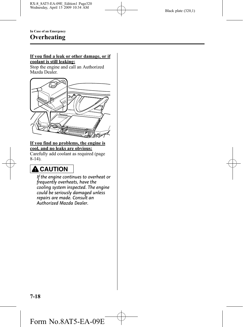 Form no.8at5-ea-09e, Overheating, Caution | Mazda 2010 RX-8 User Manual | Page 320 / 438