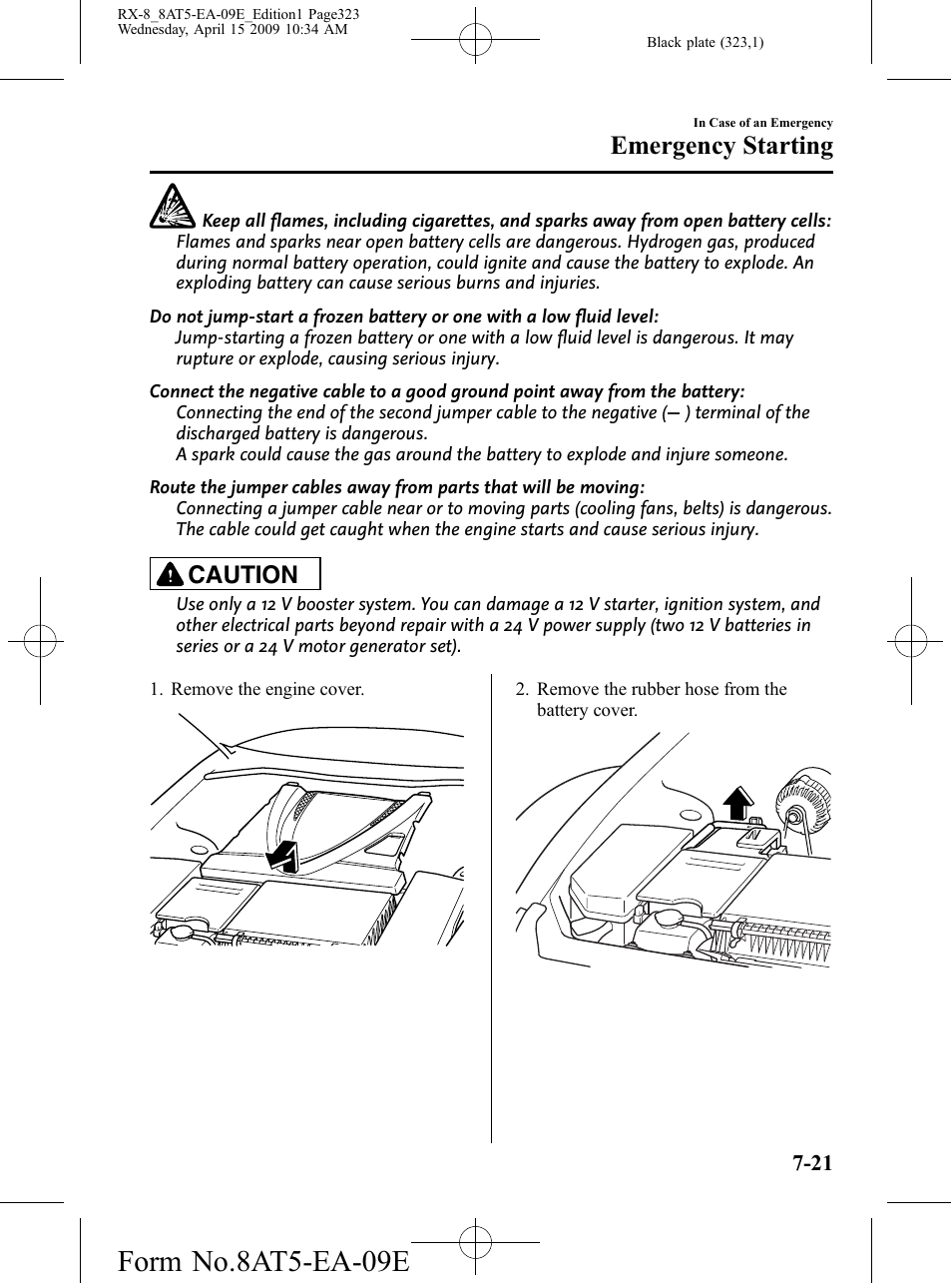Form no.8at5-ea-09e, Emergency starting, Caution | Mazda 2010 RX-8 User Manual | Page 323 / 438