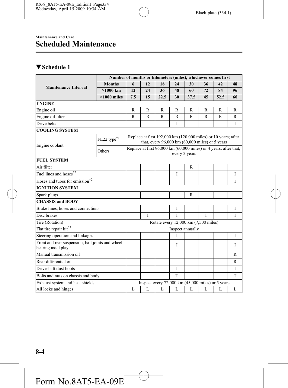 Form no.8at5-ea-09e, Scheduled maintenance, Qschedule 1 | Mazda 2010 RX-8 User Manual | Page 334 / 438