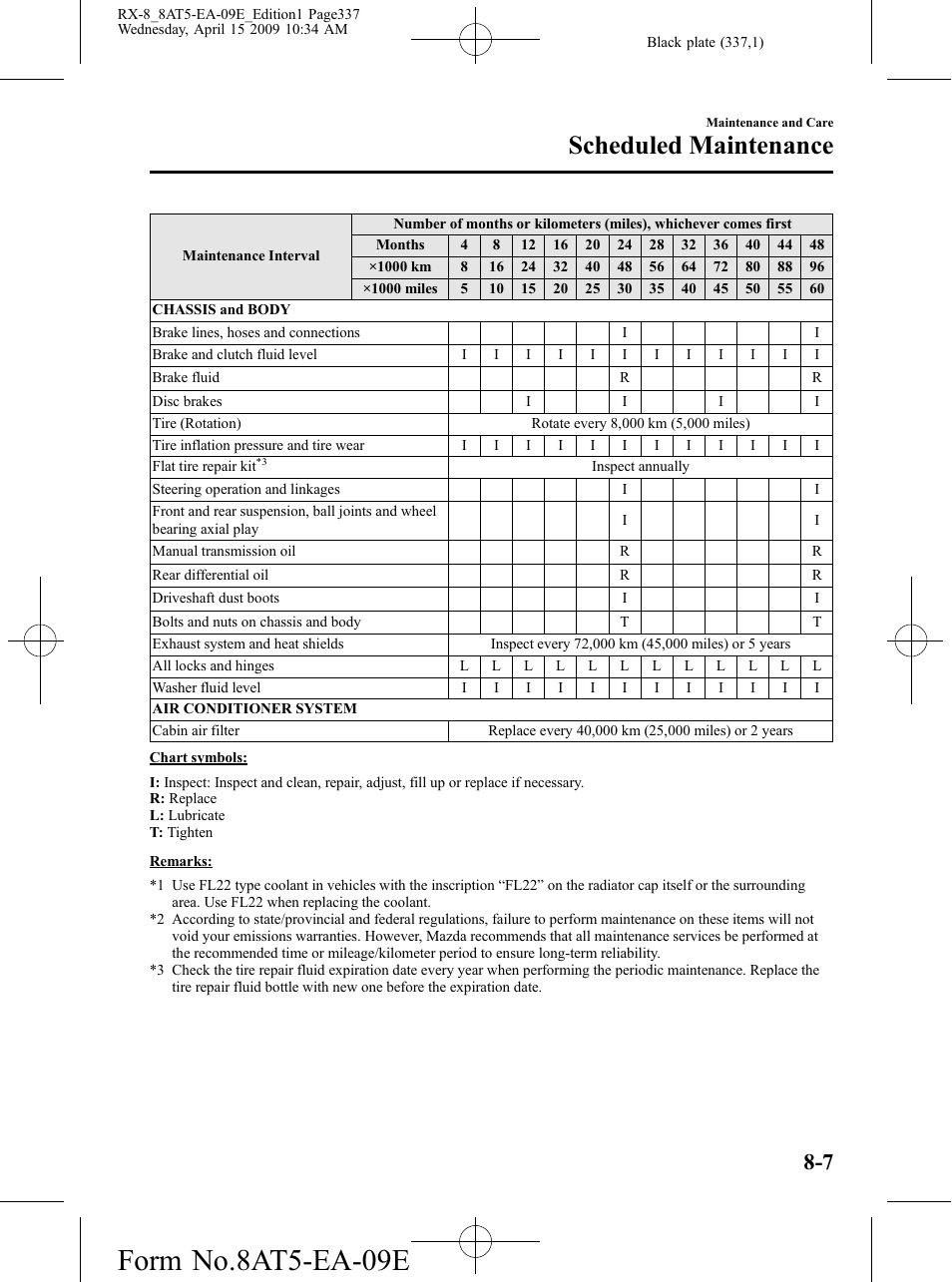 Form no.8at5-ea-09e, Scheduled maintenance | Mazda 2010 RX-8 User Manual | Page 337 / 438