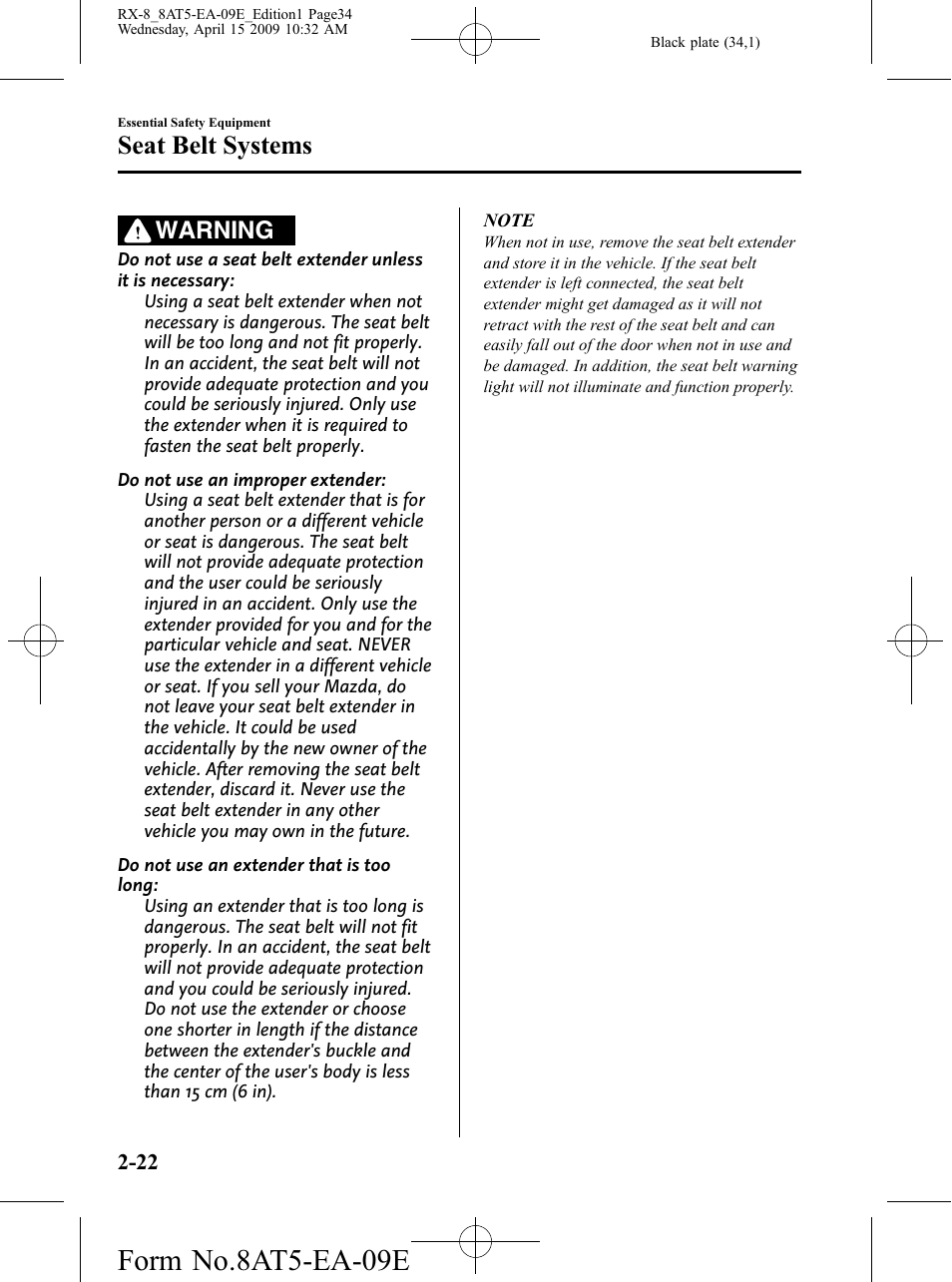 Form no.8at5-ea-09e, Seat belt systems, Warning | Mazda 2010 RX-8 User Manual | Page 34 / 438