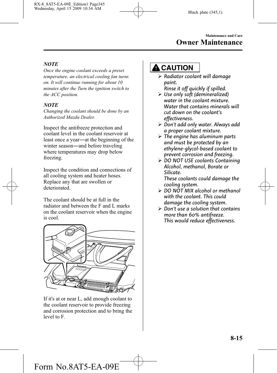 Form no.8at5-ea-09e, Owner maintenance, Caution | Mazda 2010 RX-8 User Manual | Page 345 / 438