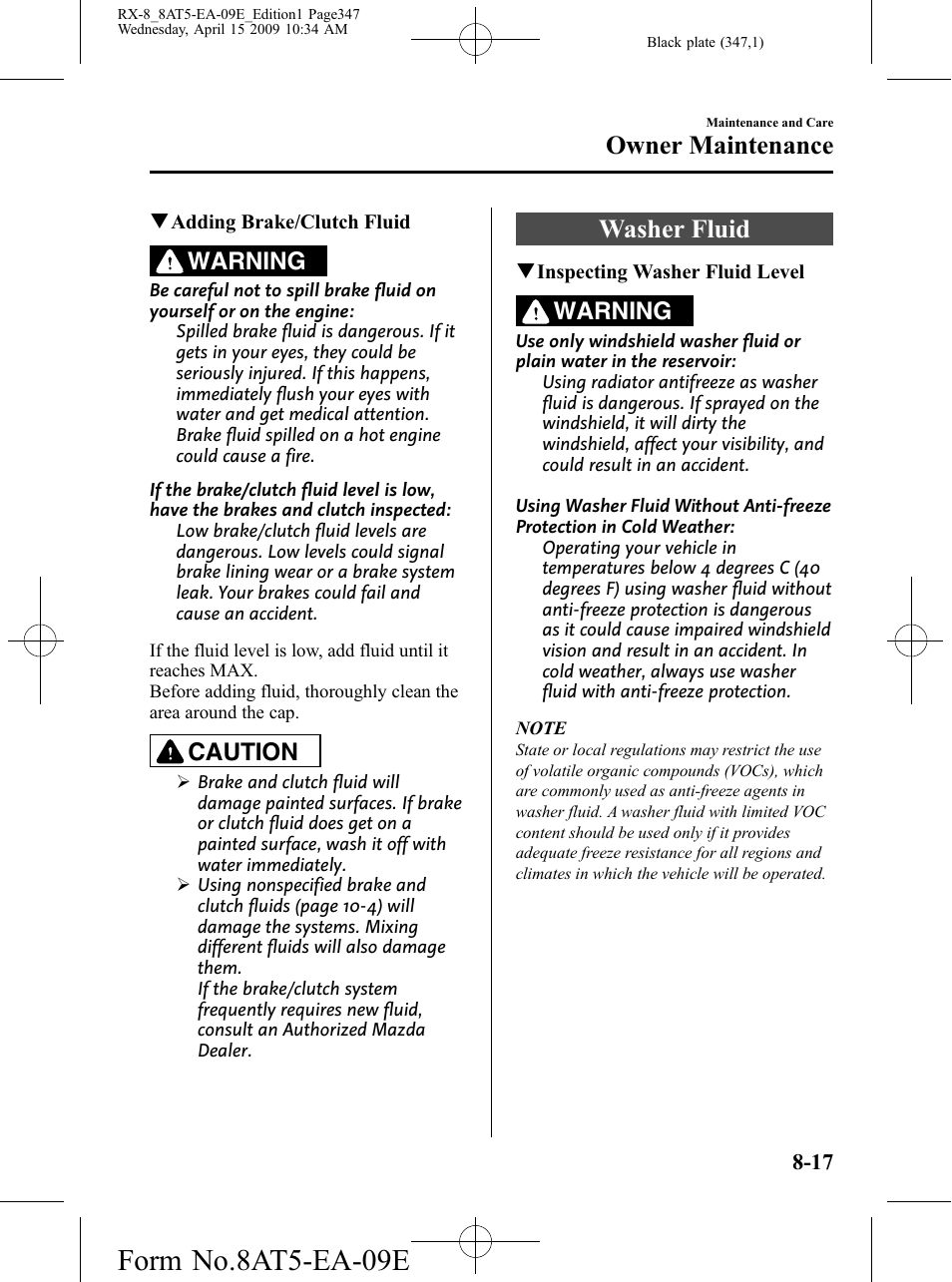 Washer fluid, Washer fluid -17, Form no.8at5-ea-09e | Owner maintenance, Warning, Caution | Mazda 2010 RX-8 User Manual | Page 347 / 438