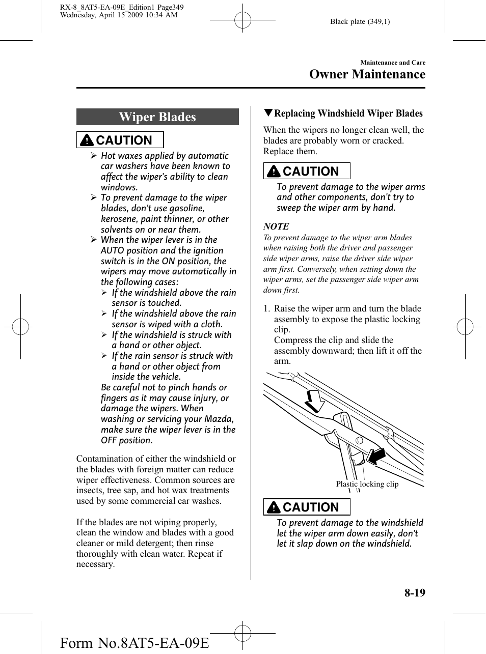 Wiper blades, Wiper blades -19, Form no.8at5-ea-09e | Owner maintenance, Caution | Mazda 2010 RX-8 User Manual | Page 349 / 438