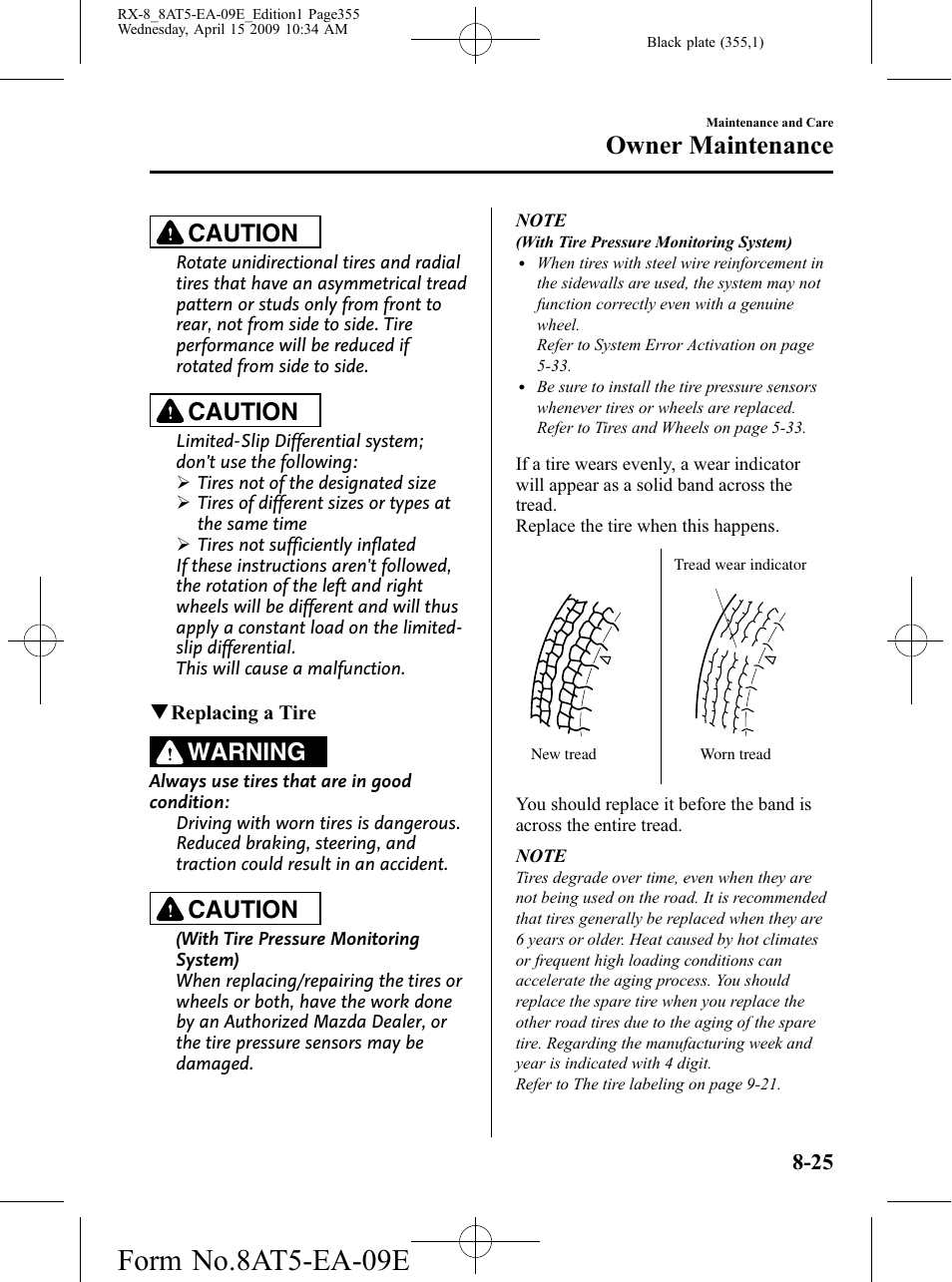 Form no.8at5-ea-09e, Owner maintenance, Caution | Warning | Mazda 2010 RX-8 User Manual | Page 355 / 438