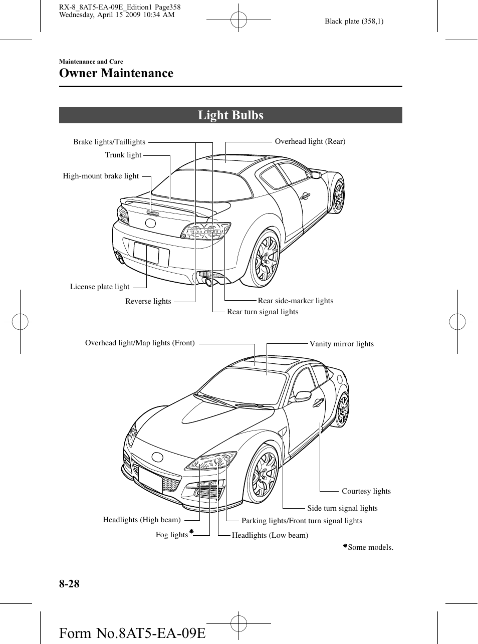 Light bulbs, Light bulbs -28, Form no.8at5-ea-09e | Owner maintenance | Mazda 2010 RX-8 User Manual | Page 358 / 438