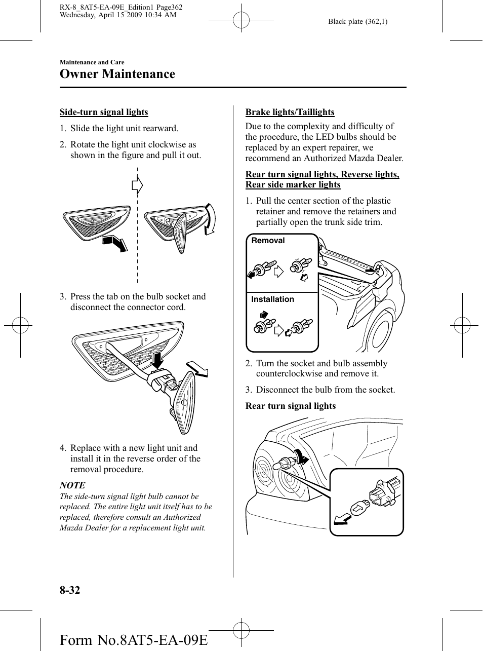 Form no.8at5-ea-09e, Owner maintenance | Mazda 2010 RX-8 User Manual | Page 362 / 438