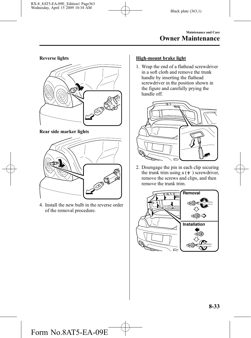 Form no.8at5-ea-09e, Owner maintenance | Mazda 2010 RX-8 User Manual | Page 363 / 438