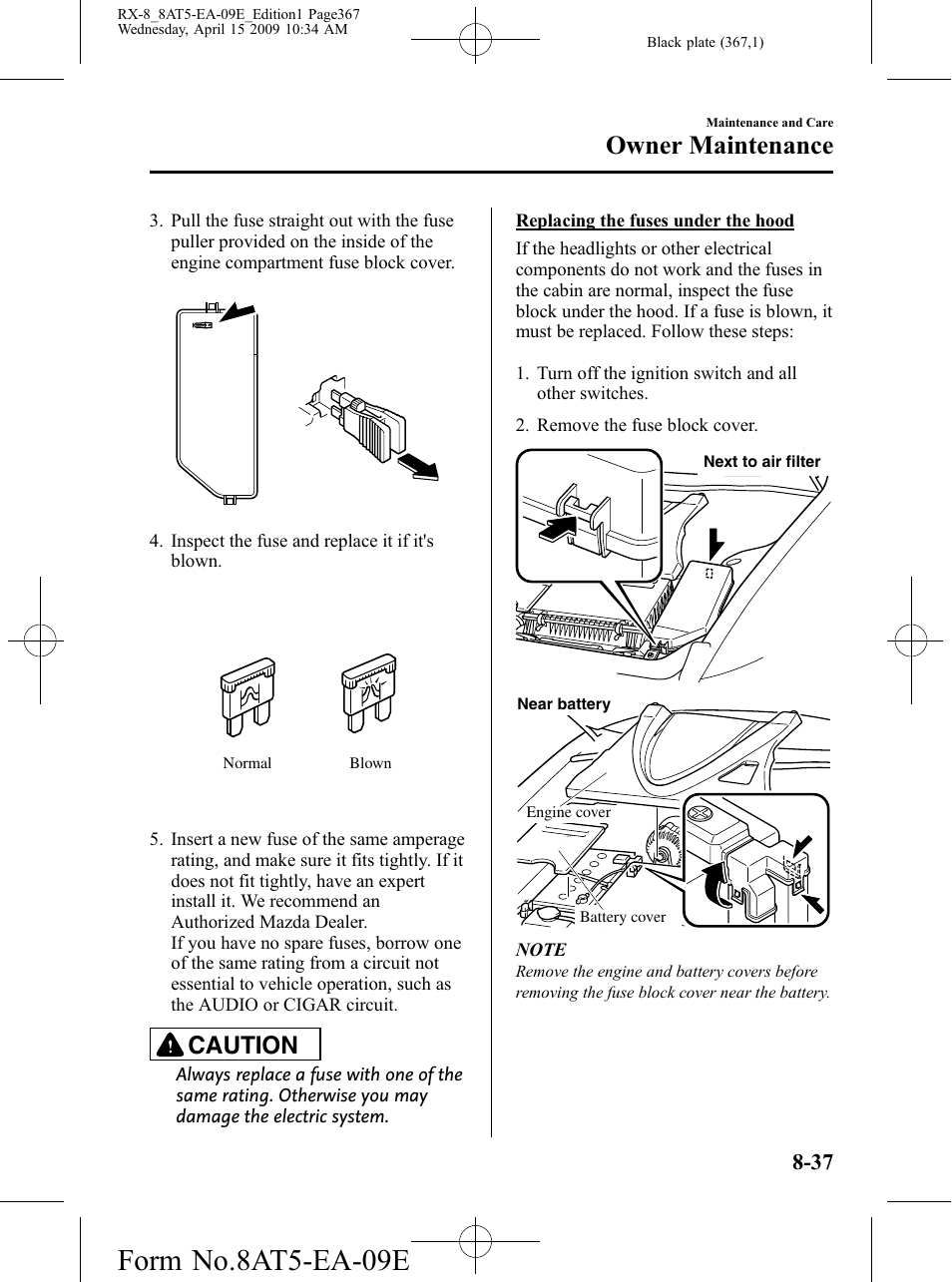 Form no.8at5-ea-09e, Owner maintenance, Caution | Mazda 2010 RX-8 User Manual | Page 367 / 438