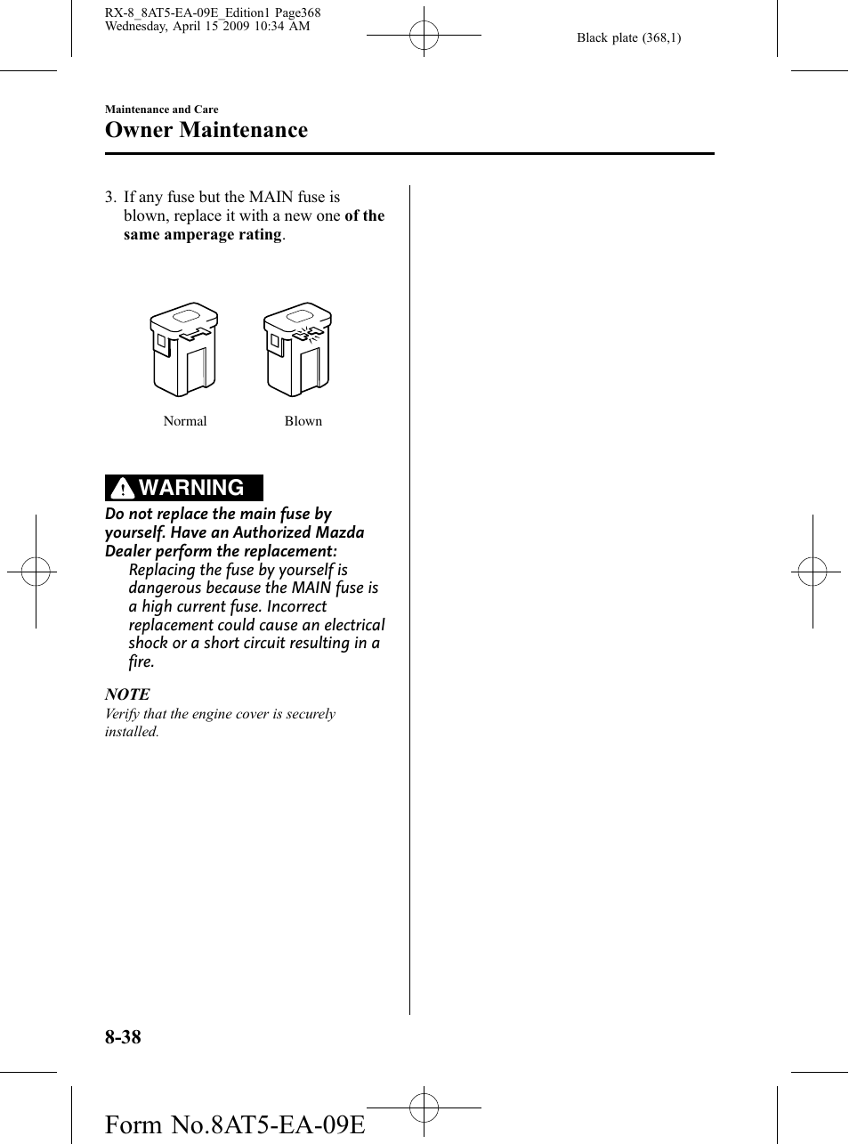 Form no.8at5-ea-09e, Owner maintenance, Warning | Mazda 2010 RX-8 User Manual | Page 368 / 438