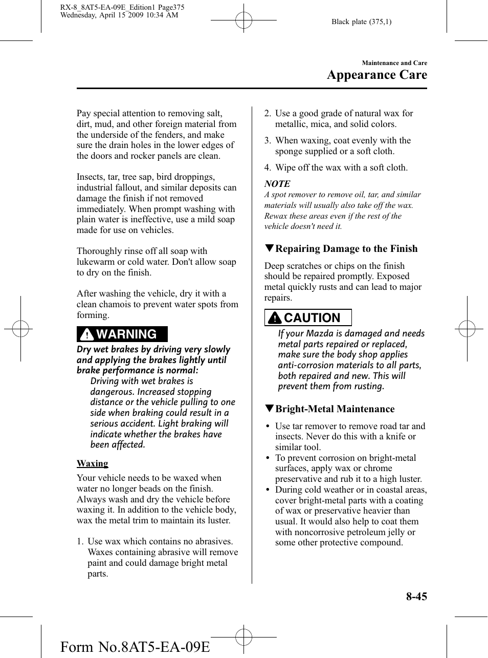 Form no.8at5-ea-09e, Appearance care, Warning | Caution | Mazda 2010 RX-8 User Manual | Page 375 / 438