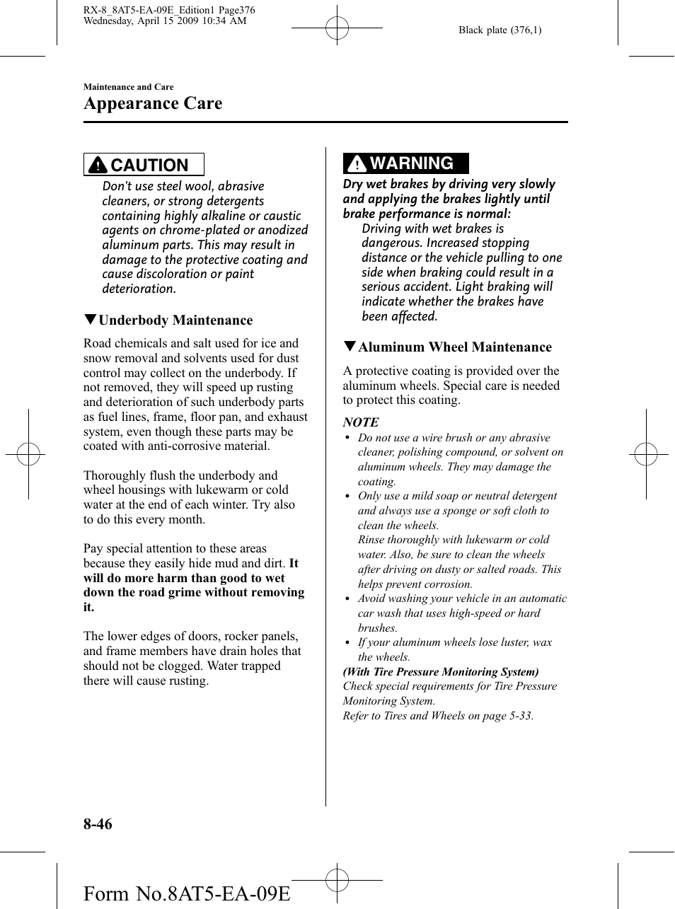 Form no.8at5-ea-09e, Appearance care, Caution | Warning | Mazda 2010 RX-8 User Manual | Page 376 / 438