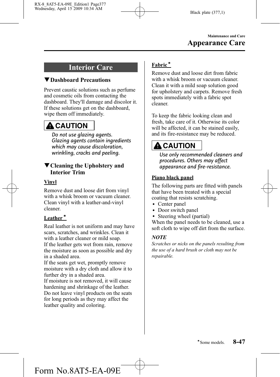 Interior care, Interior care -47, Form no.8at5-ea-09e | Appearance care, Caution | Mazda 2010 RX-8 User Manual | Page 377 / 438