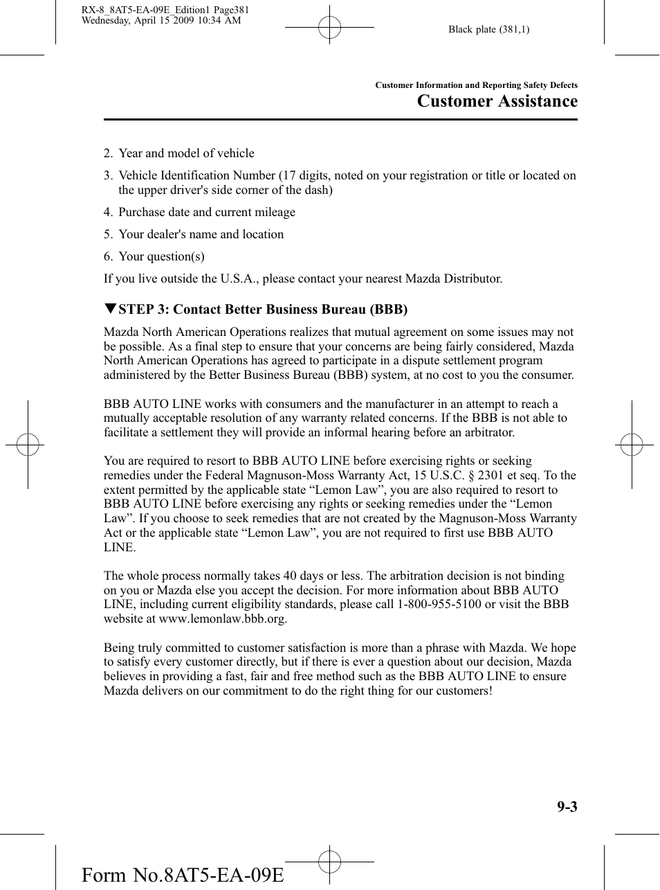 Form no.8at5-ea-09e, Customer assistance | Mazda 2010 RX-8 User Manual | Page 381 / 438