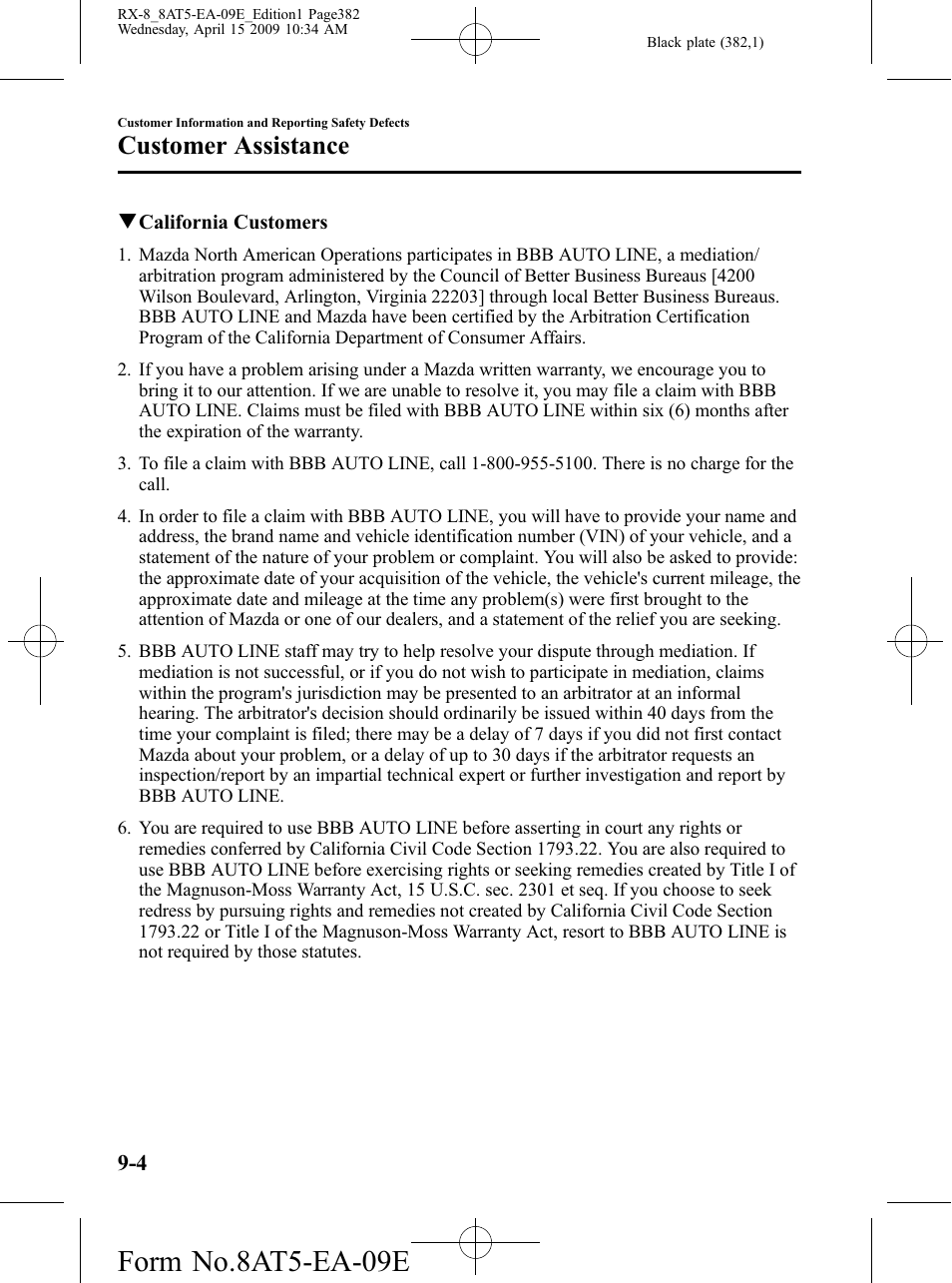 Form no.8at5-ea-09e, Customer assistance | Mazda 2010 RX-8 User Manual | Page 382 / 438