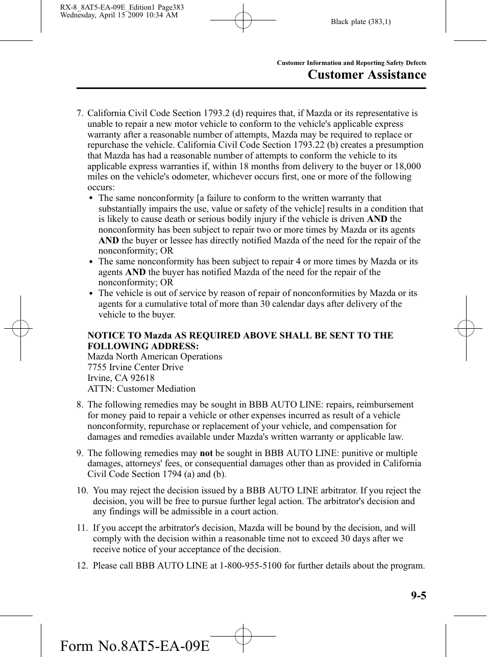 Form no.8at5-ea-09e, Customer assistance | Mazda 2010 RX-8 User Manual | Page 383 / 438