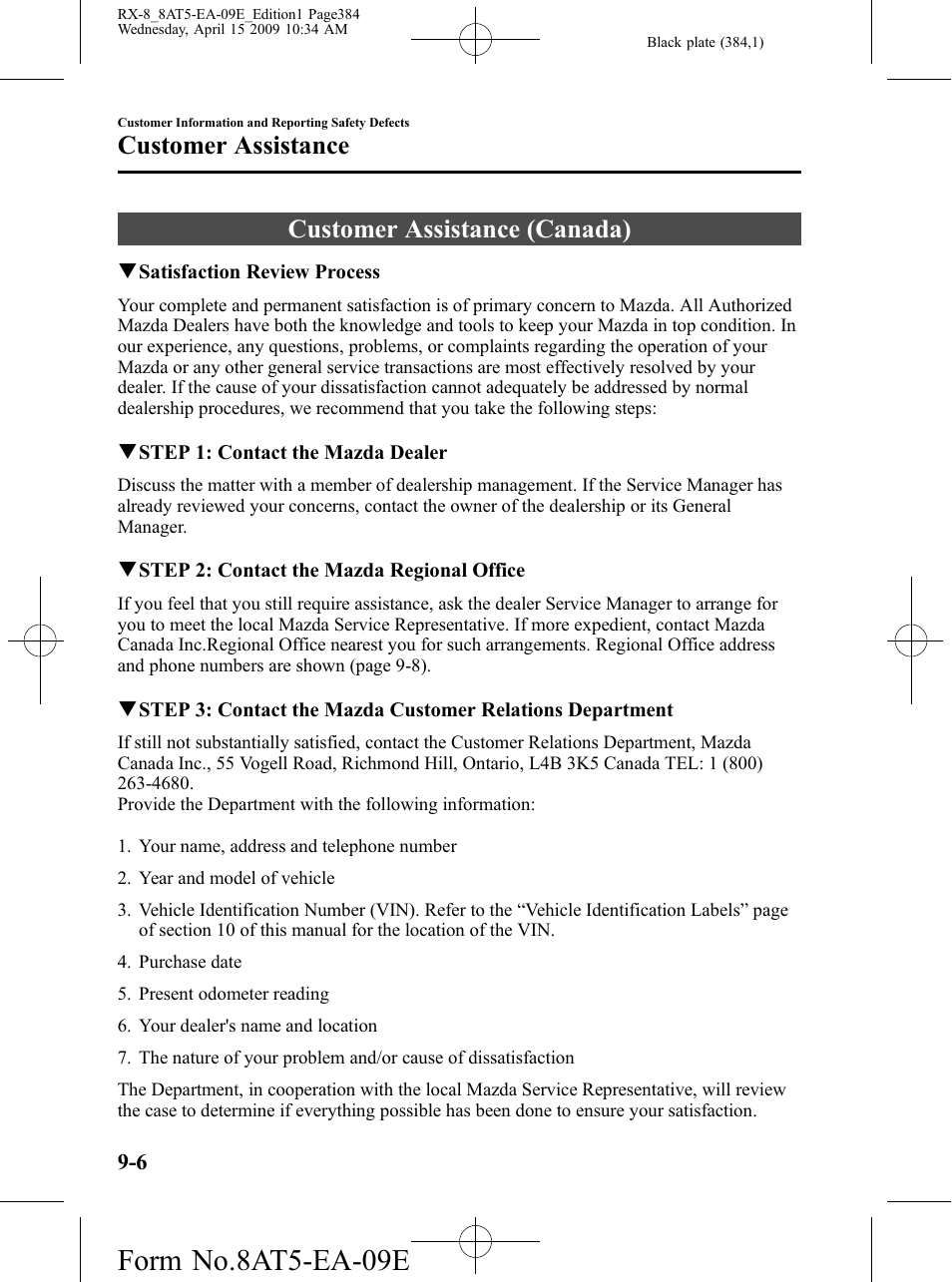 Customer assistance (canada), Customer assistance (canada) -6, Form no.8at5-ea-09e | Customer assistance | Mazda 2010 RX-8 User Manual | Page 384 / 438