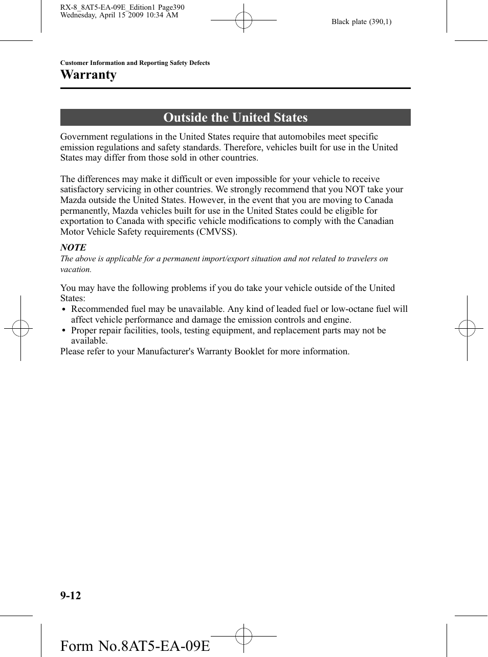 Outside the united states, Outside the united states -12, Form no.8at5-ea-09e | Warranty | Mazda 2010 RX-8 User Manual | Page 390 / 438