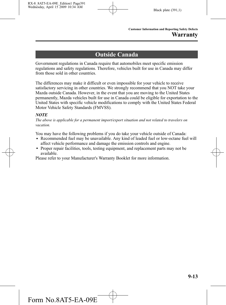 Outside canada, Outside canada -13, Form no.8at5-ea-09e | Warranty | Mazda 2010 RX-8 User Manual | Page 391 / 438