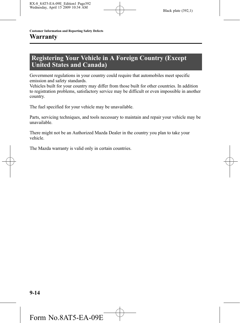 Form no.8at5-ea-09e, Warranty | Mazda 2010 RX-8 User Manual | Page 392 / 438