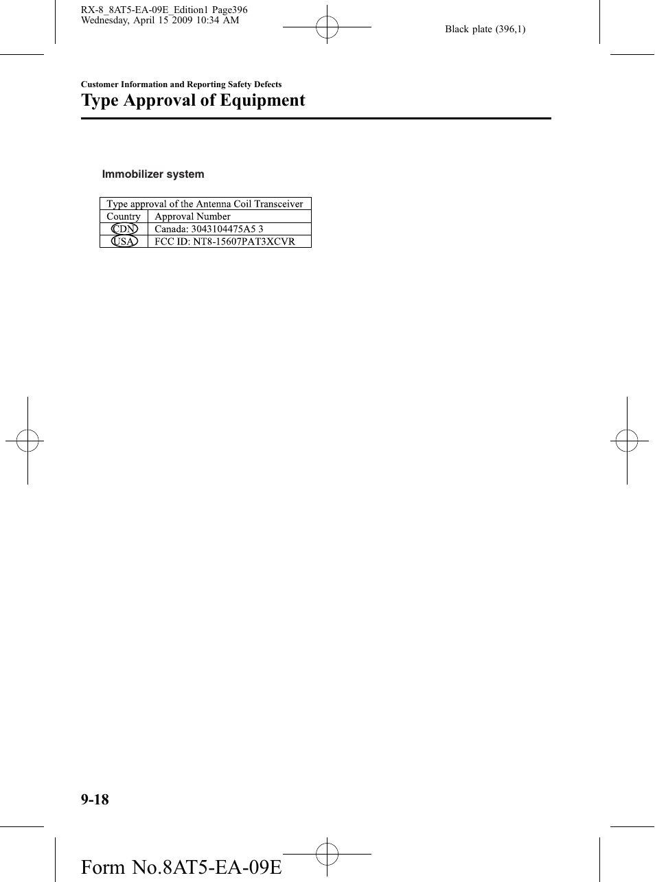 Form no.8at5-ea-09e, Type approval of equipment | Mazda 2010 RX-8 User Manual | Page 396 / 438
