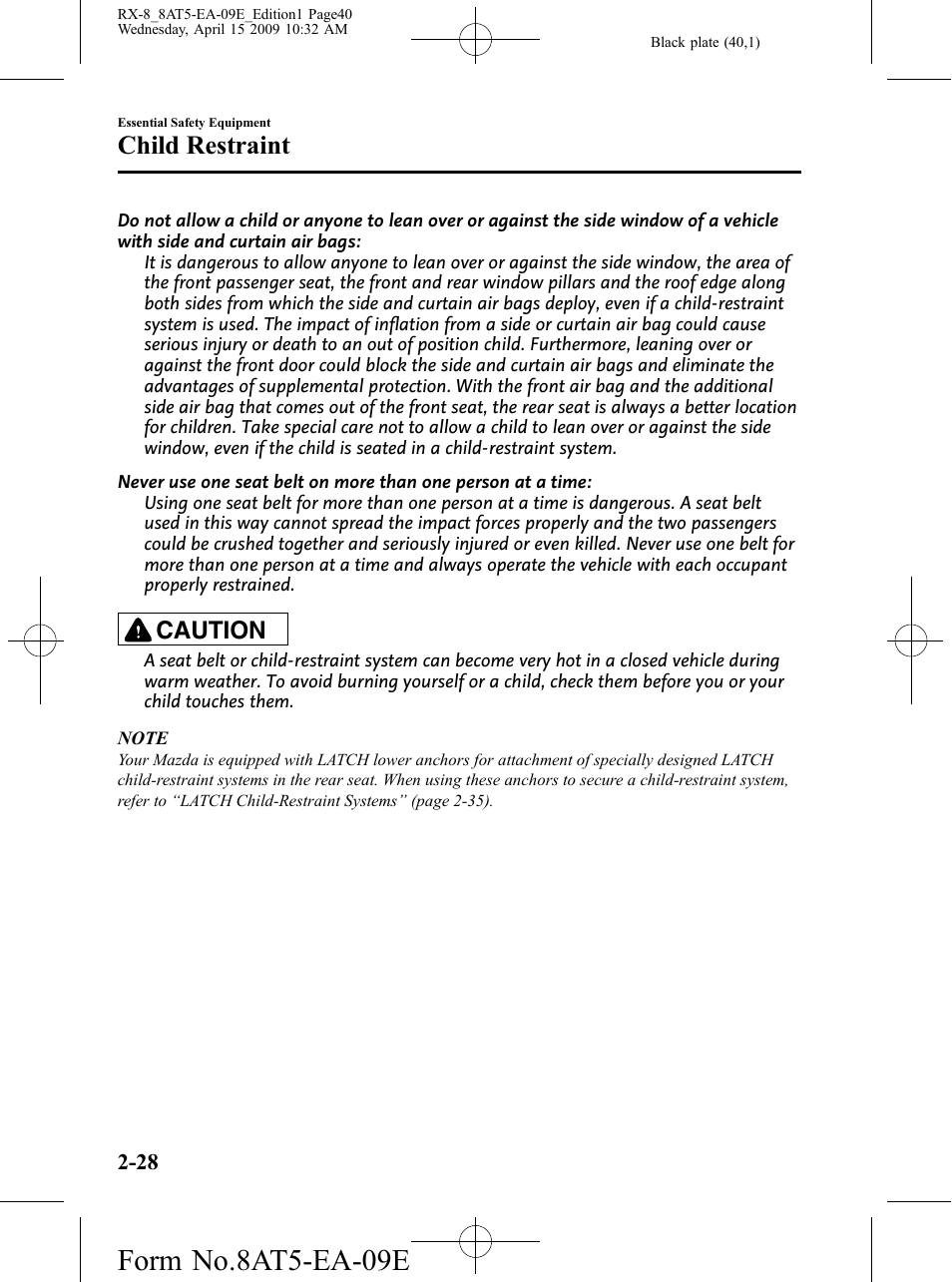 Form no.8at5-ea-09e, Child restraint, Caution | Mazda 2010 RX-8 User Manual | Page 40 / 438