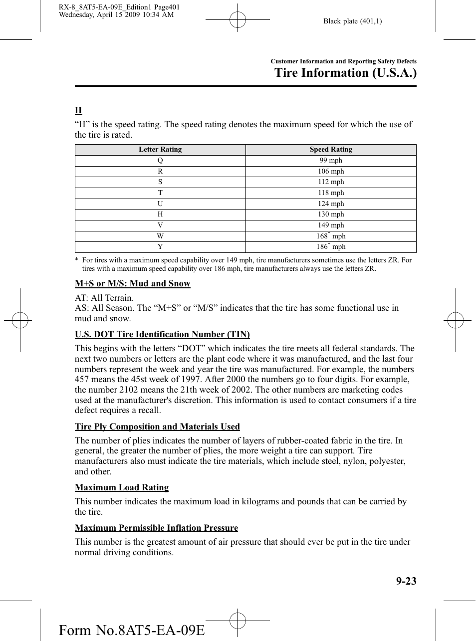 Form no.8at5-ea-09e, Tire information (u.s.a.) | Mazda 2010 RX-8 User Manual | Page 401 / 438