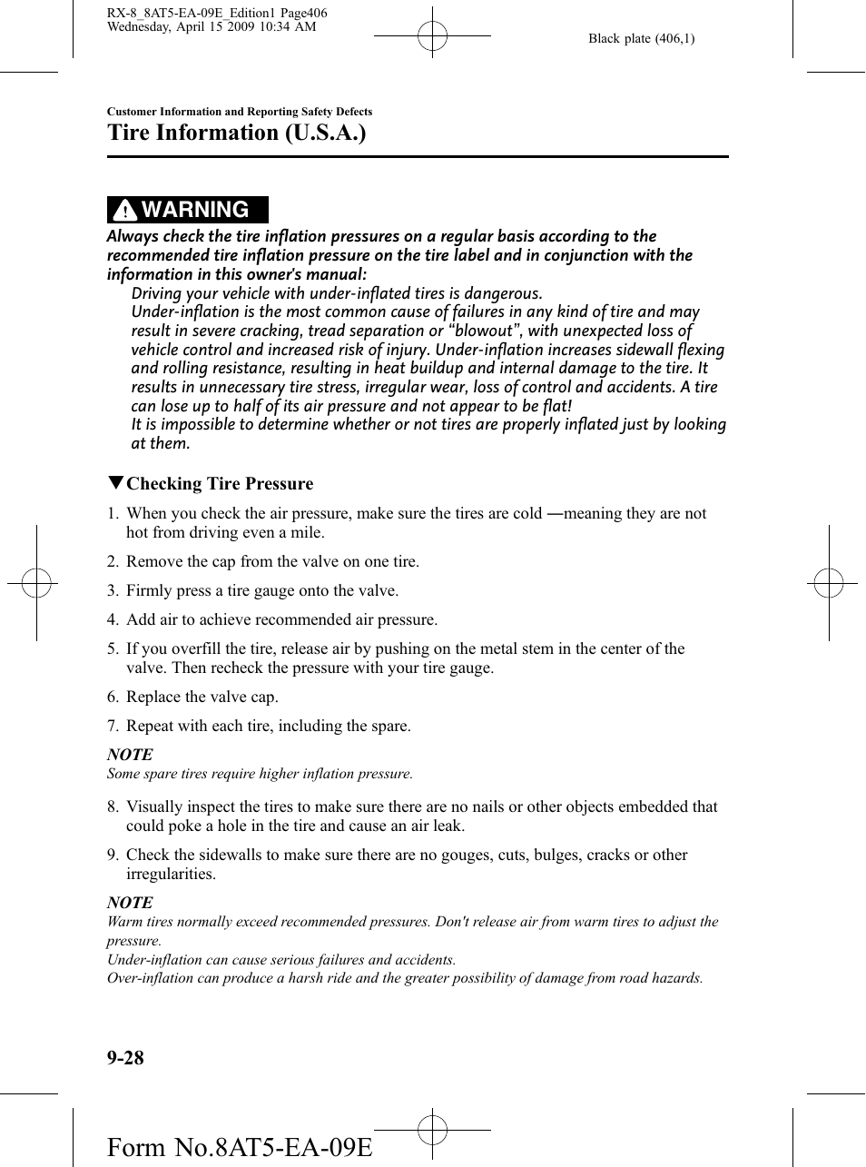 Form no.8at5-ea-09e, Tire information (u.s.a.), Warning | Mazda 2010 RX-8 User Manual | Page 406 / 438