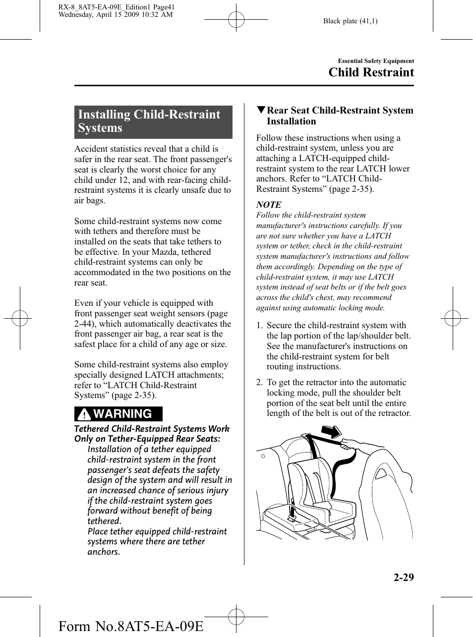Installing child-restraint systems, Installing child-restraint systems -29, Form no.8at5-ea-09e | Child restraint, Warning | Mazda 2010 RX-8 User Manual | Page 41 / 438