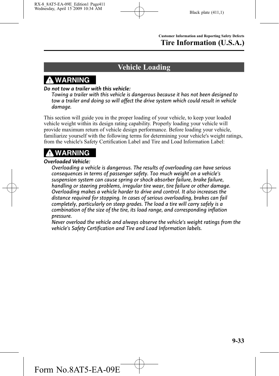 Vehicle loading, Vehicle loading -33, Form no.8at5-ea-09e | Tire information (u.s.a.), Warning | Mazda 2010 RX-8 User Manual | Page 411 / 438