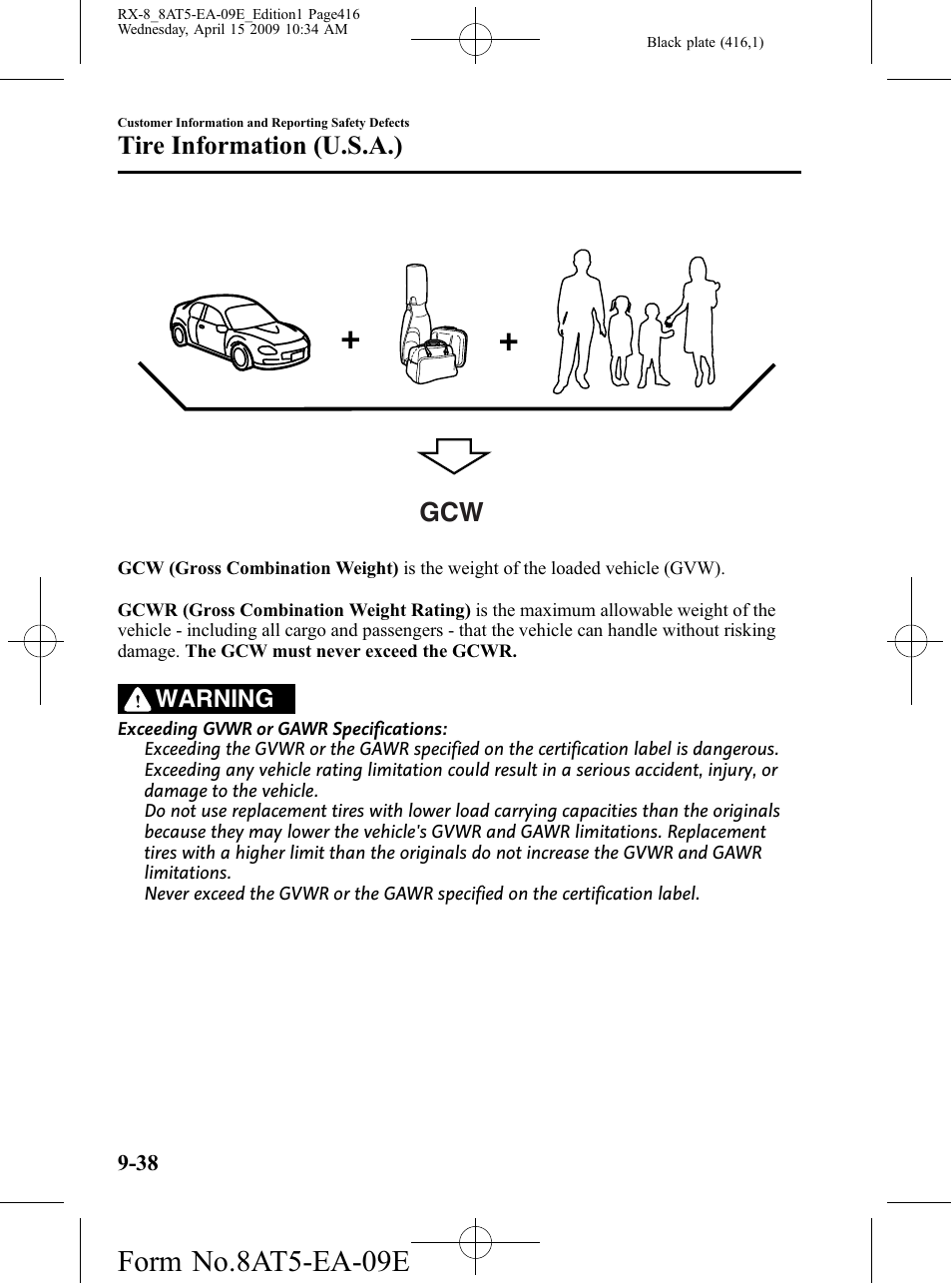 Form no.8at5-ea-09e, Tire information (u.s.a.), Warning | Mazda 2010 RX-8 User Manual | Page 416 / 438