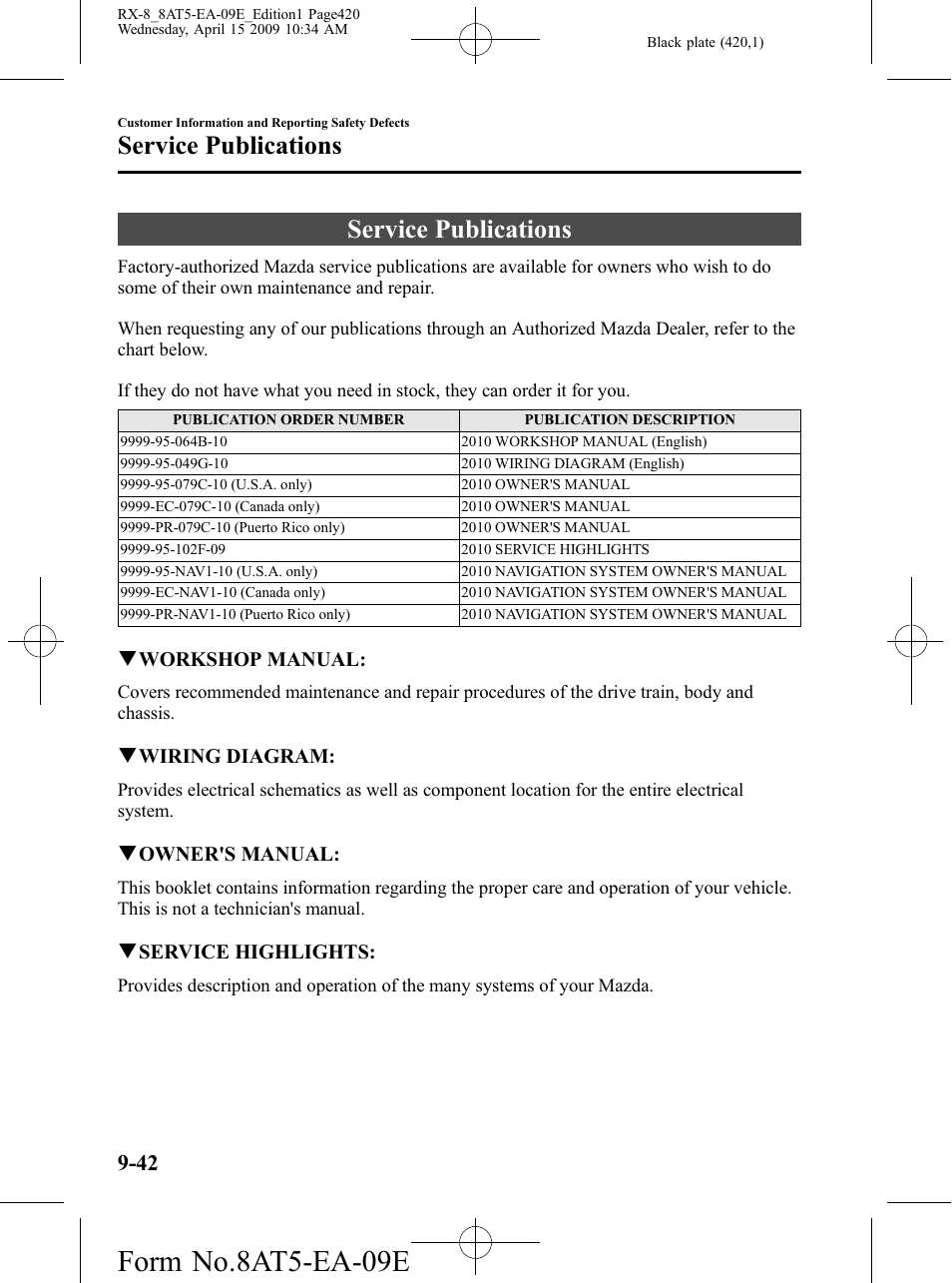 Service publications, Service publications -42, Form no.8at5-ea-09e | Mazda 2010 RX-8 User Manual | Page 420 / 438