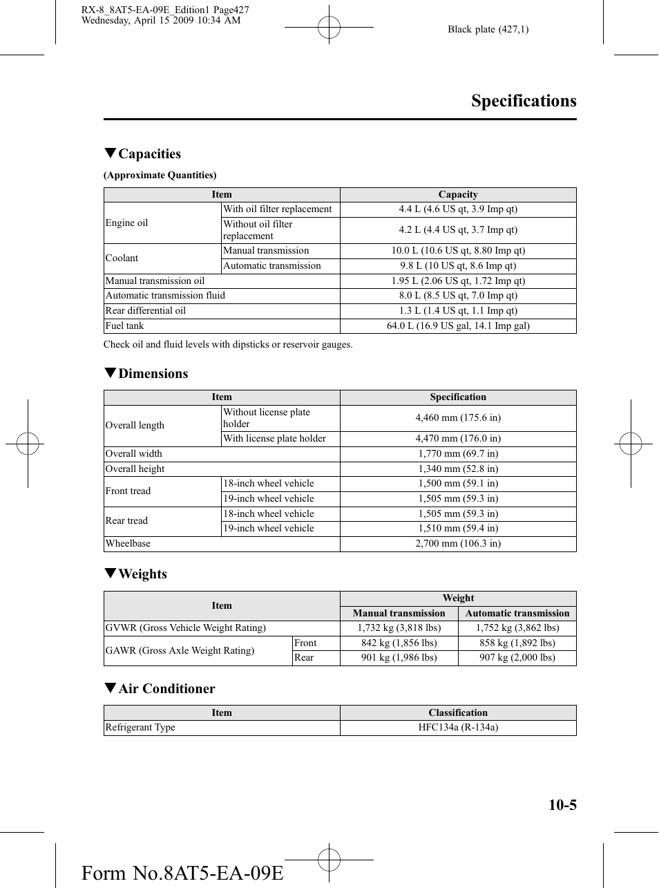 Form no.8at5-ea-09e, Specifications, Qcapacities | Qdimensions, Qweights, Qair conditioner | Mazda 2010 RX-8 User Manual | Page 427 / 438